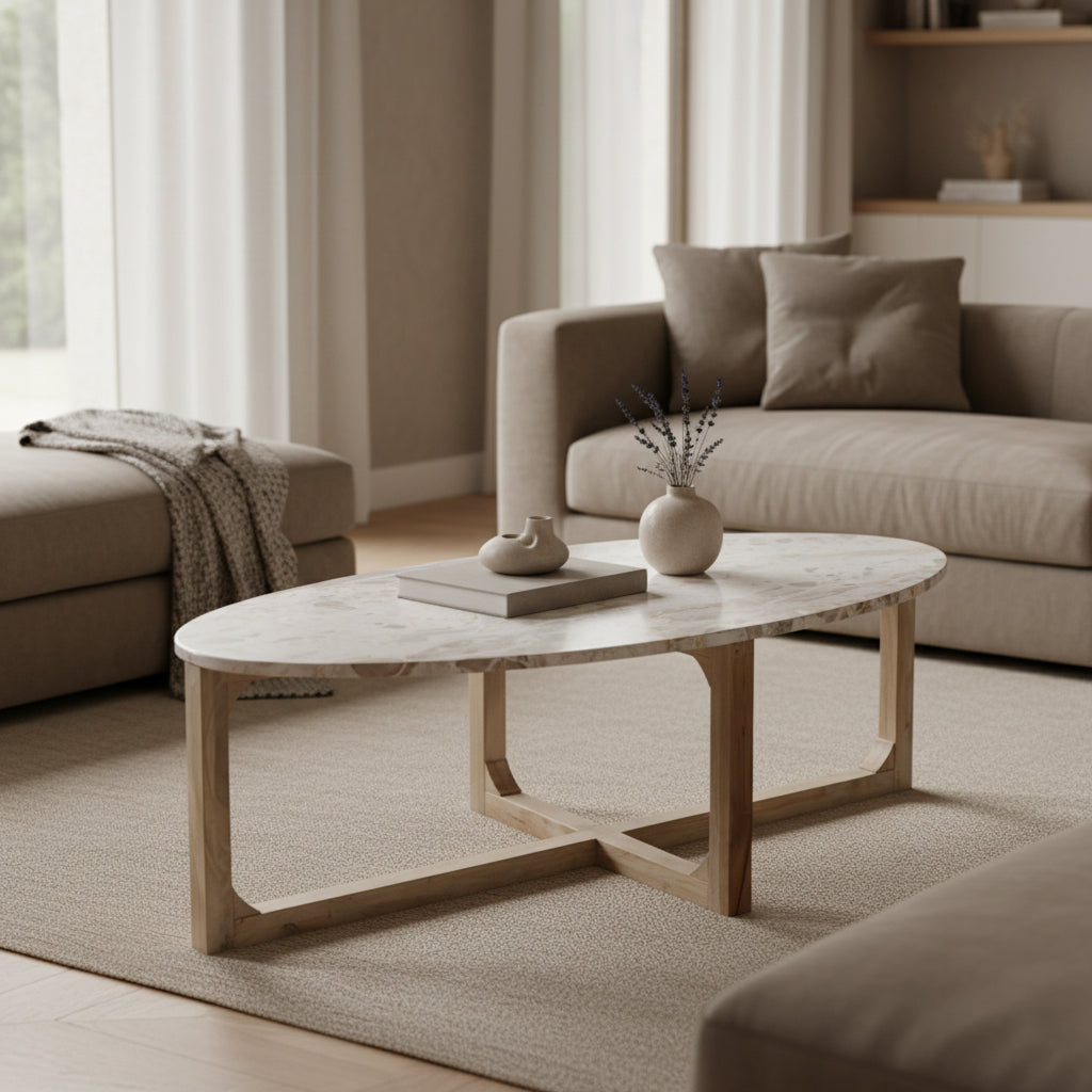 Oval Marble Coffee Table Cream Raw Materials