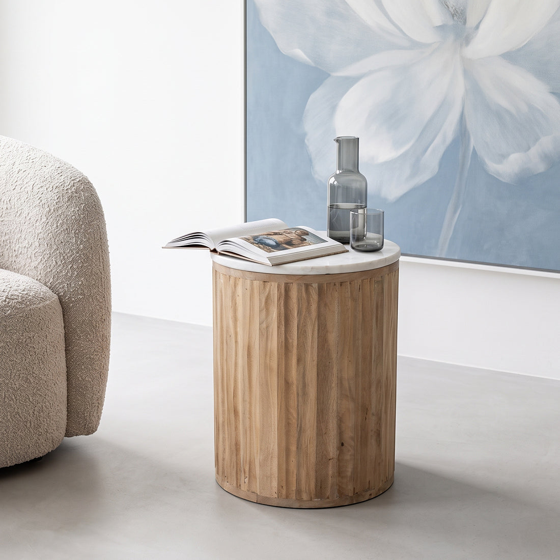 Round Side Table Malakka White Marble Raw Materials