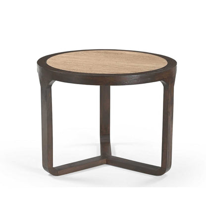 Bijzettafel Morris Travertin Ø60cm van Starfurn, rond travertin blad in een bruin mangohouten frame