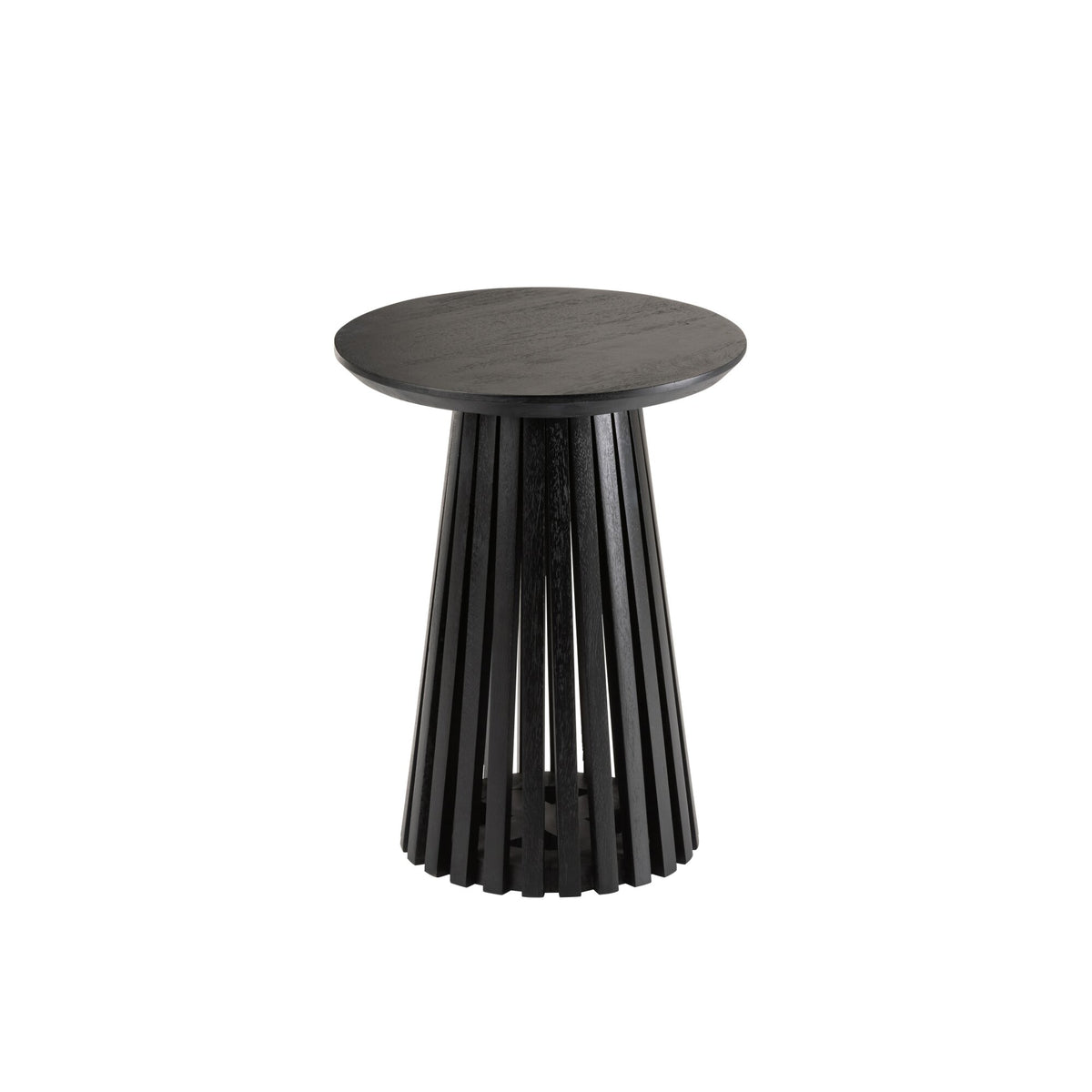 Bijzettafel Vincent Mangohout Zwart Small van J-Line, ronde zwarte tafel met slanke lattenvoet op witte achtergrond