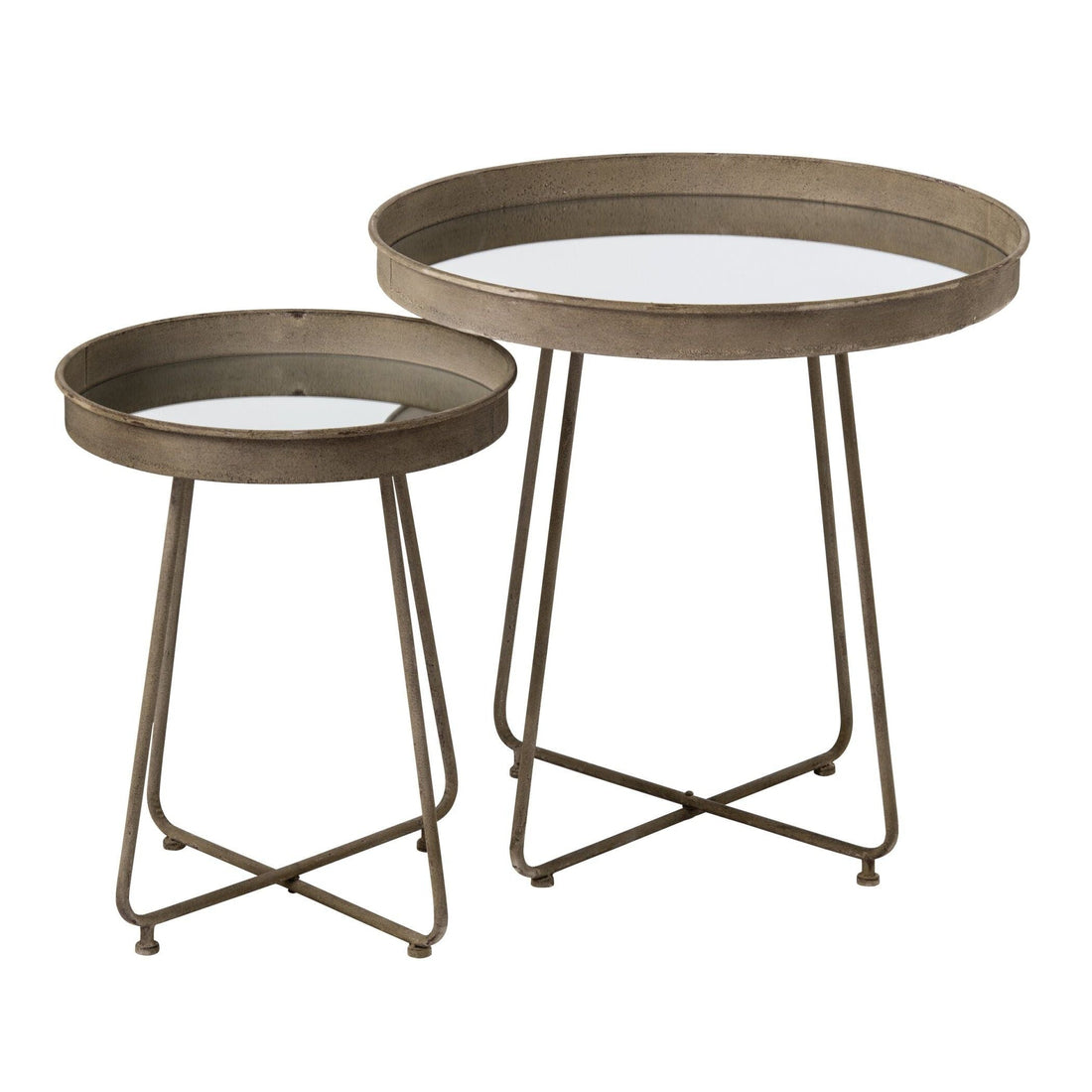 Side Tables Round Mirror Metal Rust Brown Set of 2 J-Line