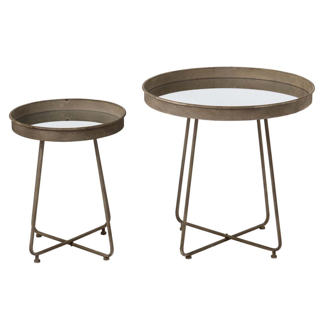 Side Tables Round Mirror Metal Rust Brown Set of 2 J-Line