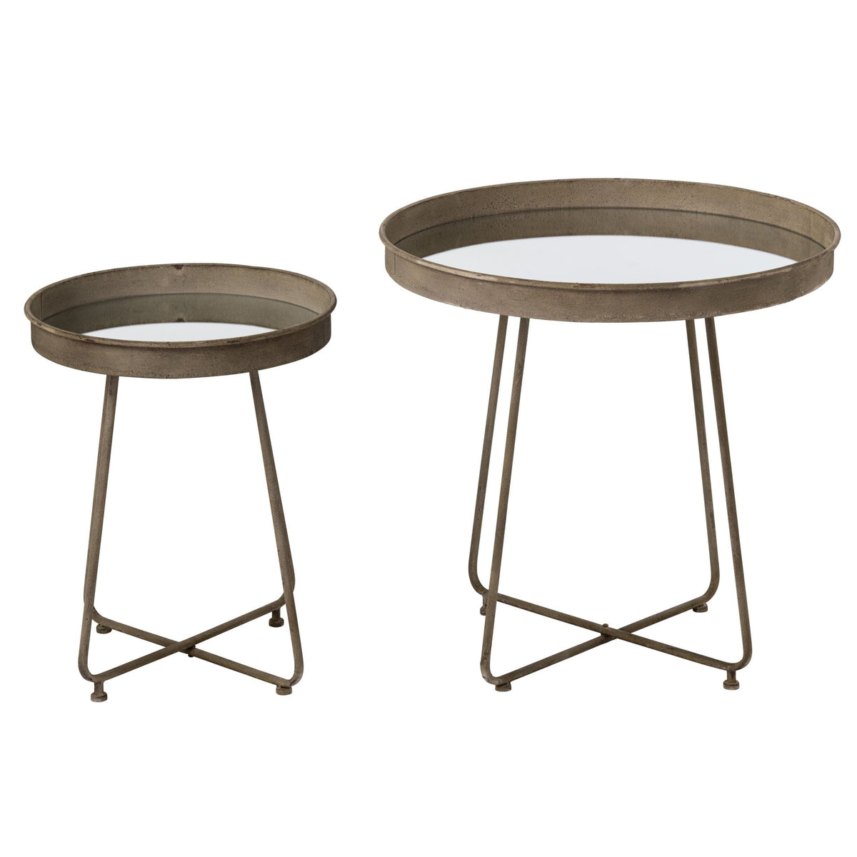 Side Tables Round Mirror Metal Rust Brown Set of 2 J-Line