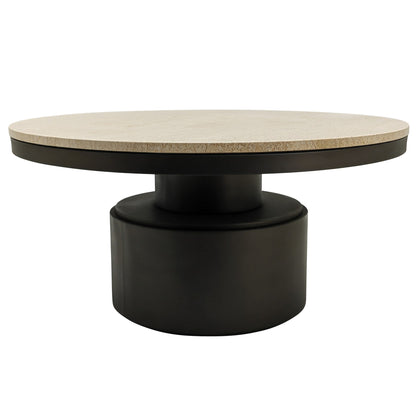 Bregt hoge salontafel van PTMD van opzij, beige marmeren blad en zwarte voet