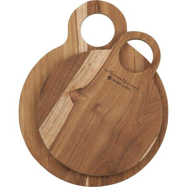 Broodplank Flavours Large van MUST Living, ronde teakhouten serveerplank met steel in naturel tint