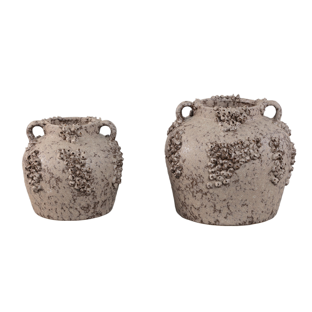 Deisy Beige Ceramic Jar With Handles Rough Coral S van PTMD, bovenaanzicht van de pot op witte achtergrond