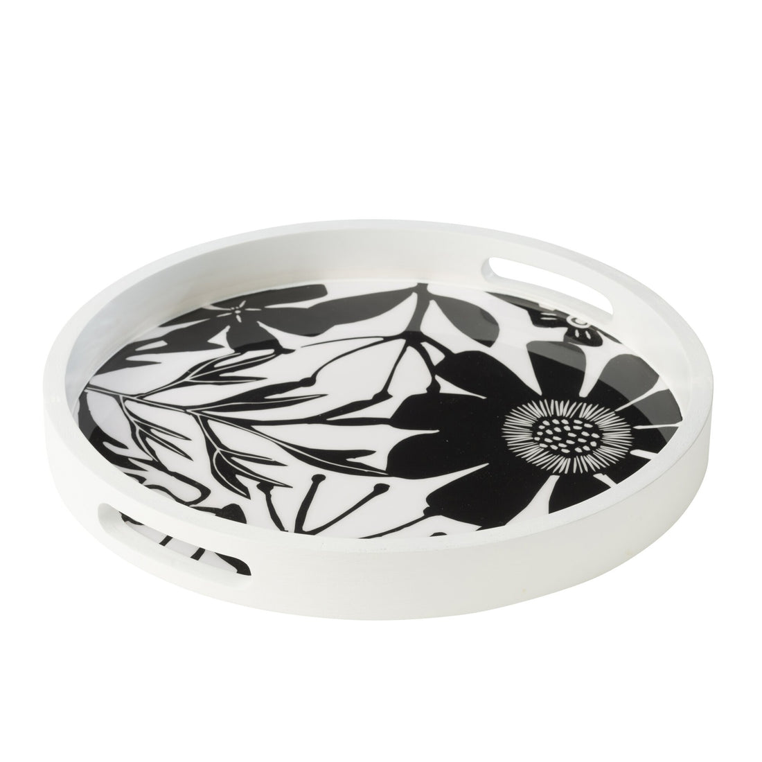 Round Serving Tray With Handles Flowers Mango Wood Black/White J-Line