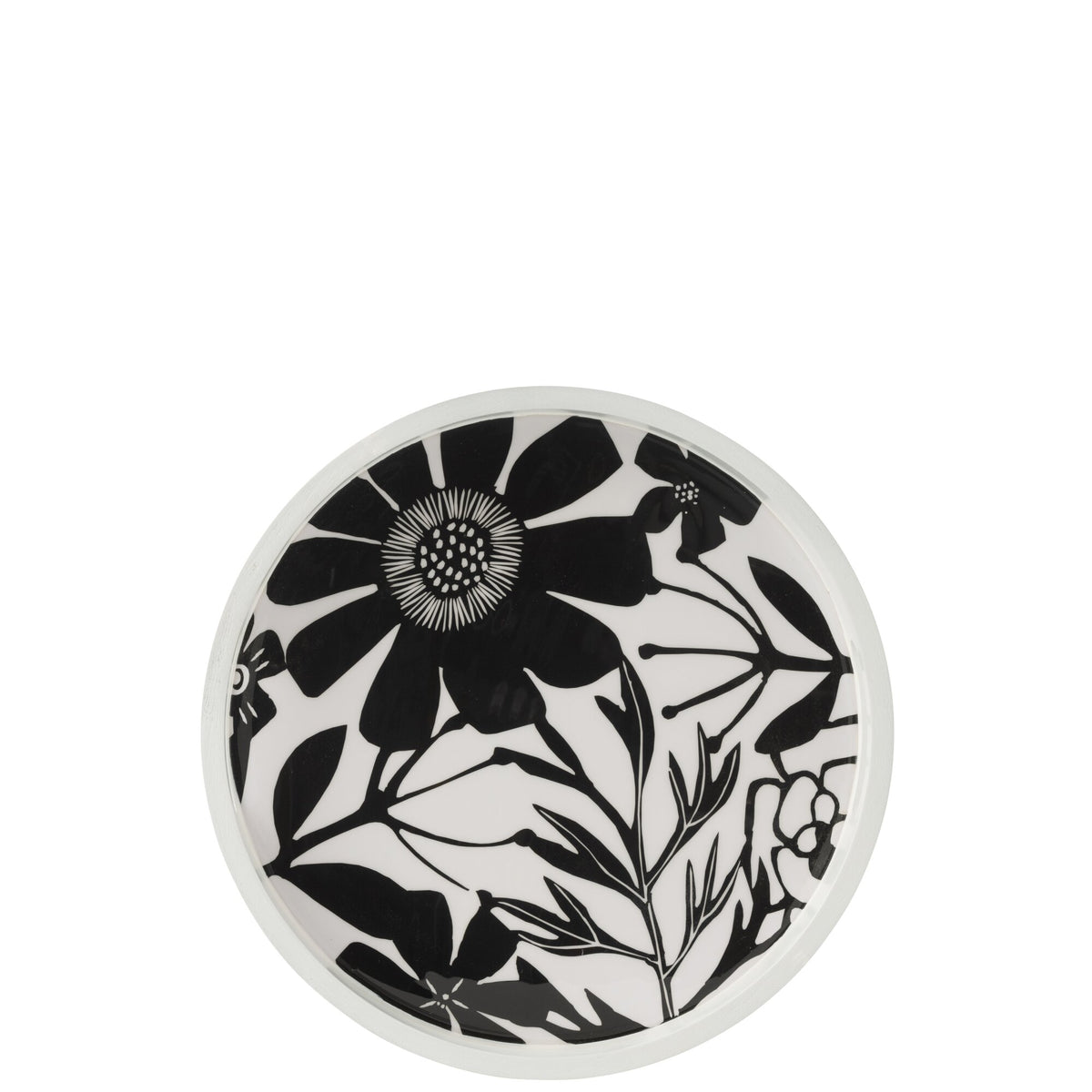 Round Serving Tray With Handles Flowers Mango Wood Black/White J-Line