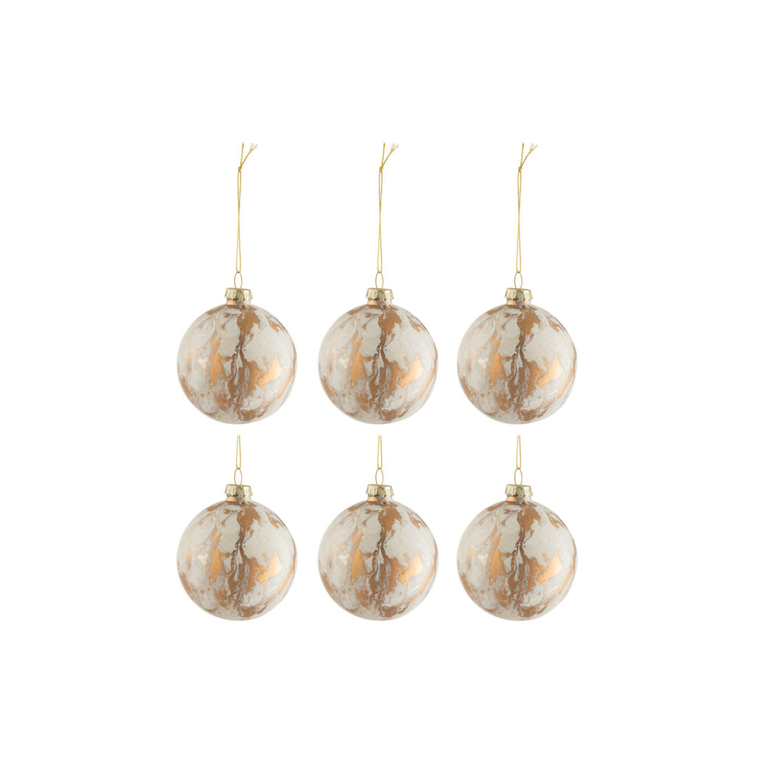 Box of 6 Christmas Baubles Marble Look Glass White/Gold Small 8.5xH10cm J-Line
