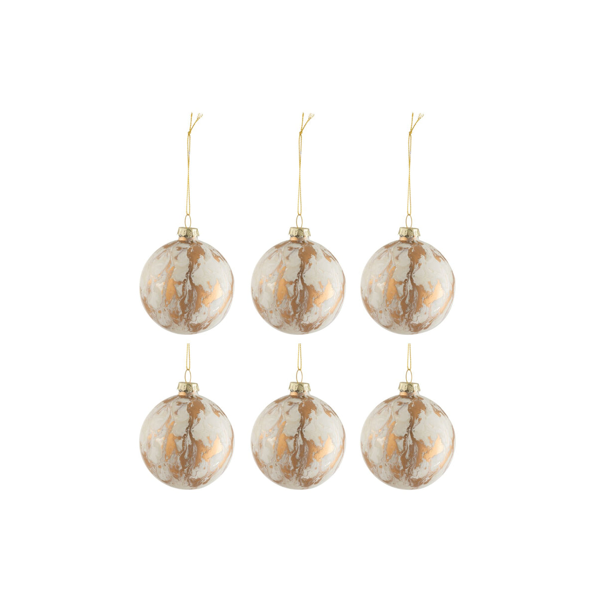 Box of 6 Christmas Baubles Marble Look Glass White/Gold Small 8.5xH10cm J-Line