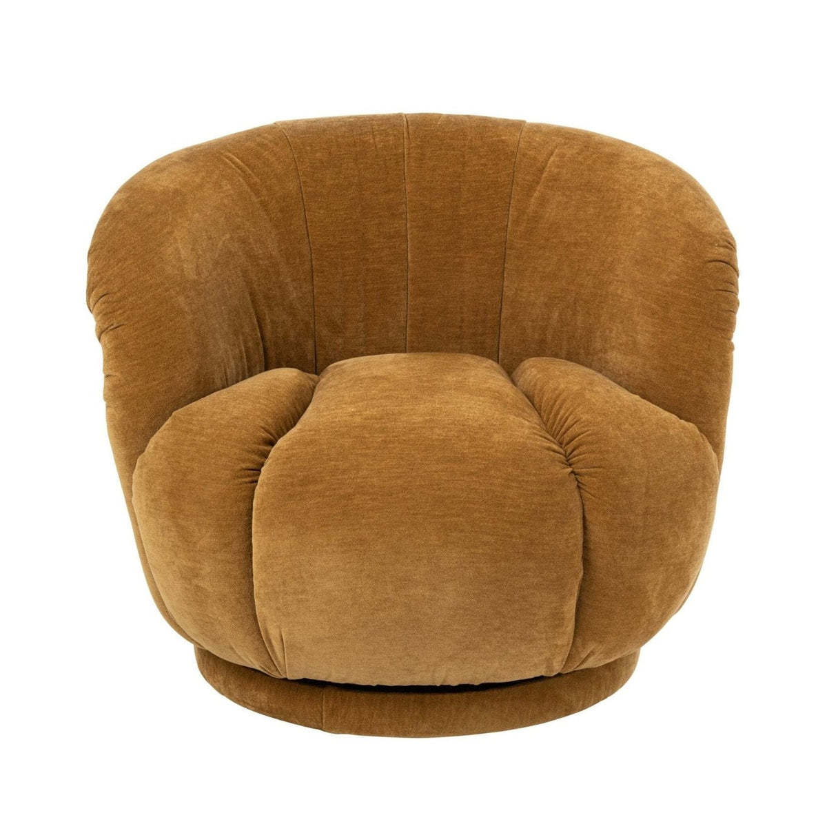 Draaifauteuil van J-Line in mosterdgele fluweelachtige stof, ronde kuipvorm met omlopende rugleuning, vooraanzicht