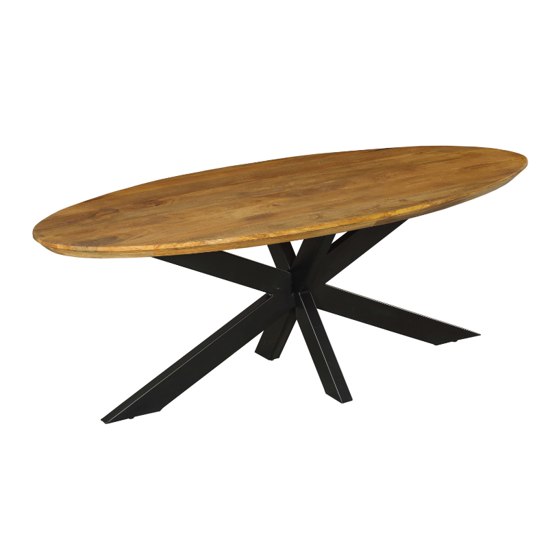 Close-up van de houtnerf van de ovale eettafel Brandy van Starfurn