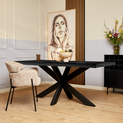 Eettafel Denver Mangohout Zwart 160cm van Starfurn, rechthoekige eettafel van zwart mangohout met metalen matrixpoot