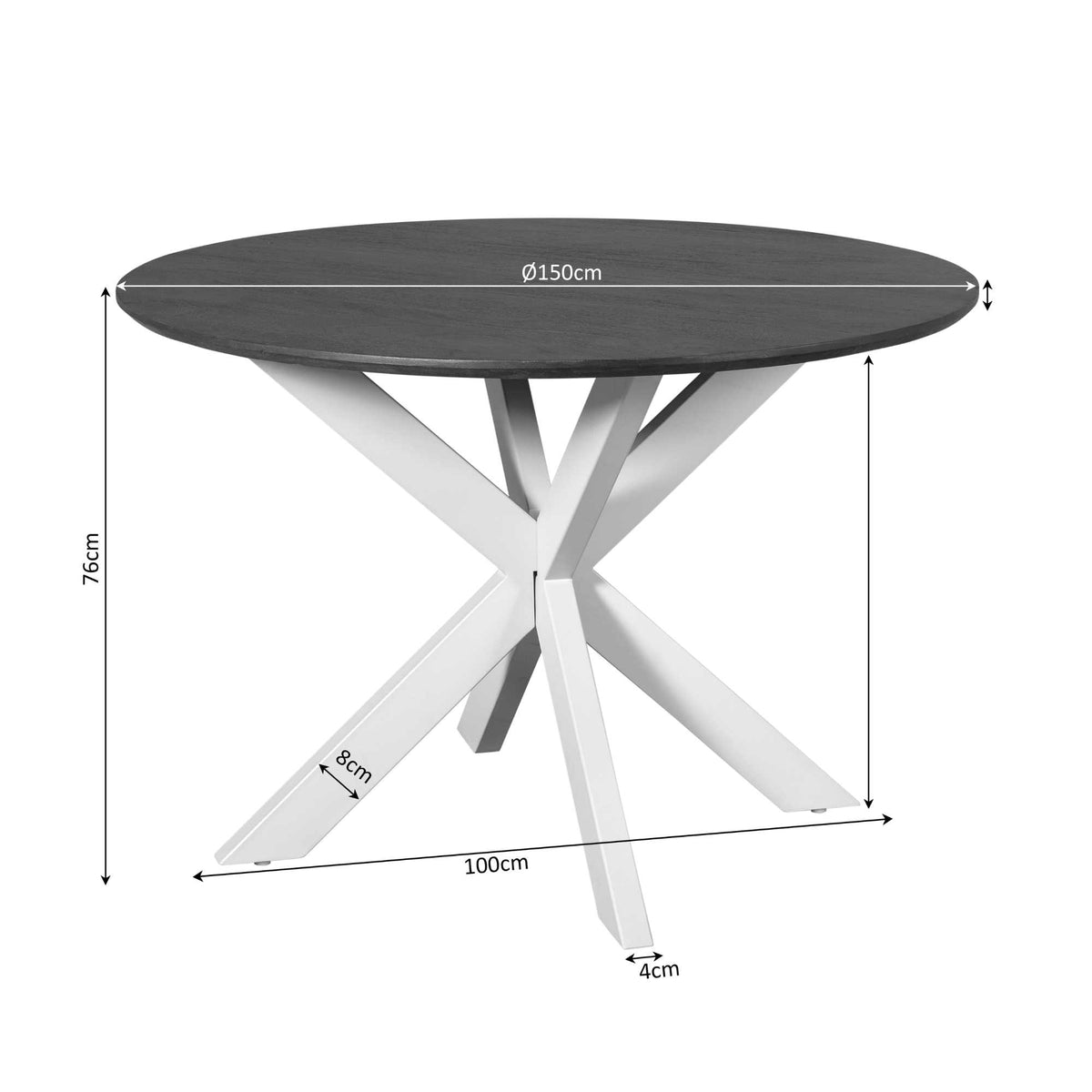 Eettafel Madison Rond 150cm met zandkleurige poot van opzij, met de rand van het blad en de vrije beenruimte