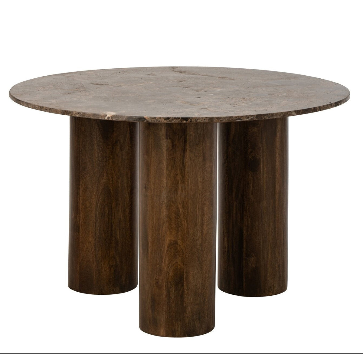 Ronde eettafel van J-Line met bruin marmeren blad en stevige mangohouten poten, Ø120 cm