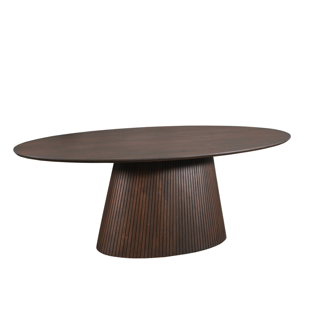 Detail van het dikke mangohouten onderstel van de ovale Solana eettafel