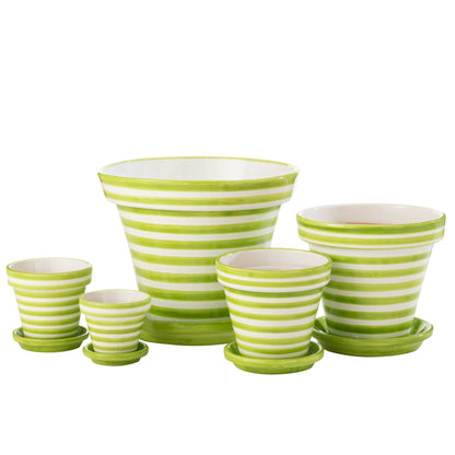 Flowerpot+Plate Granada Stripes Handmade+Painted Ceramic Green Extra Large J-Line