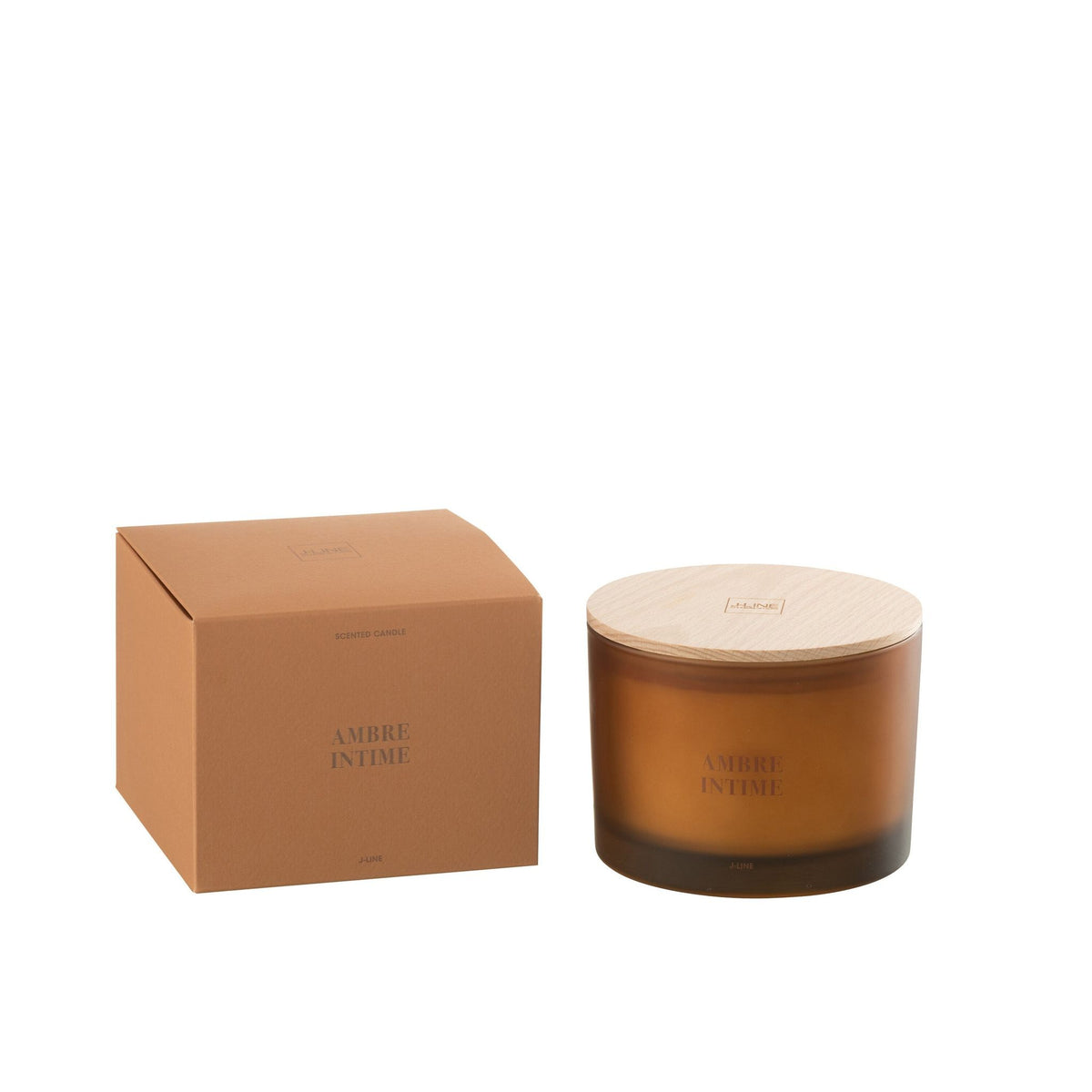 Geurkaars Accords Essentiels Ambre Intime 28 Uur van J-Line, gesloten kaarspot en doos op witte achtergrond