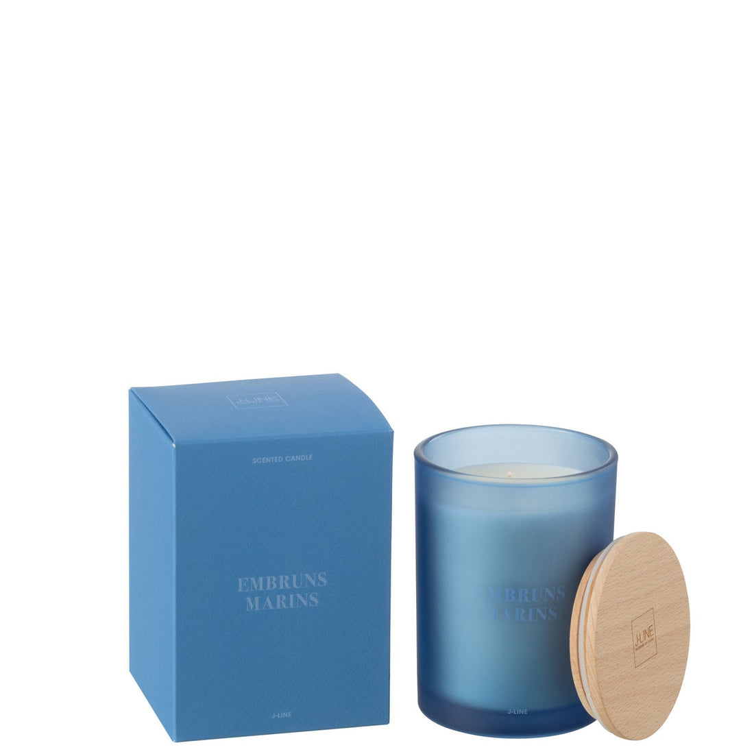Geurkaars Accords Essentiels Embruns Marins 38 Uur van J-Line, blauwe glazen pot met houten deksel naast de geschenkdoos
