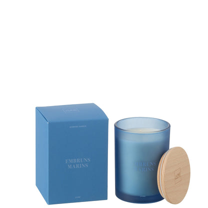 Geurkaars Accords Essentiels Embruns Marins 38 Uur van J-Line, blauwe glazen pot met houten deksel naast de geschenkdoos