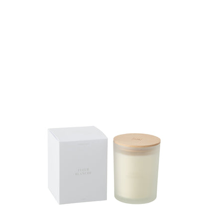 Geurkaars Accords Essentiels Fleur Blanche 52 Uur van J-Line, gesloten kaarspot en doos op witte achtergrond