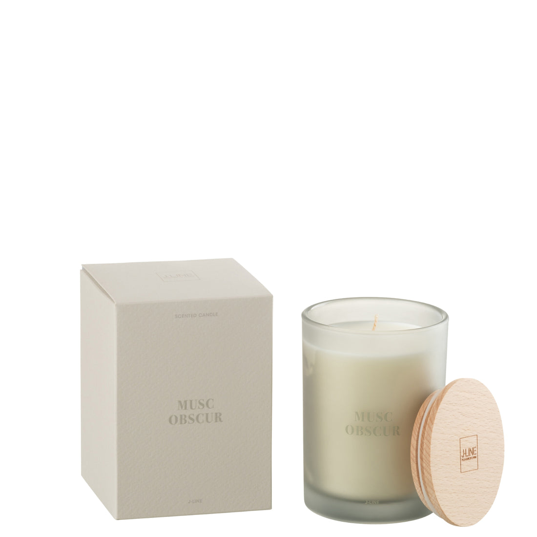 Geurkaars Accords Essentiels Musc Obscur 38 Uur van J-Line, grijze glazen pot met houten deksel naast de geschenkdoos
