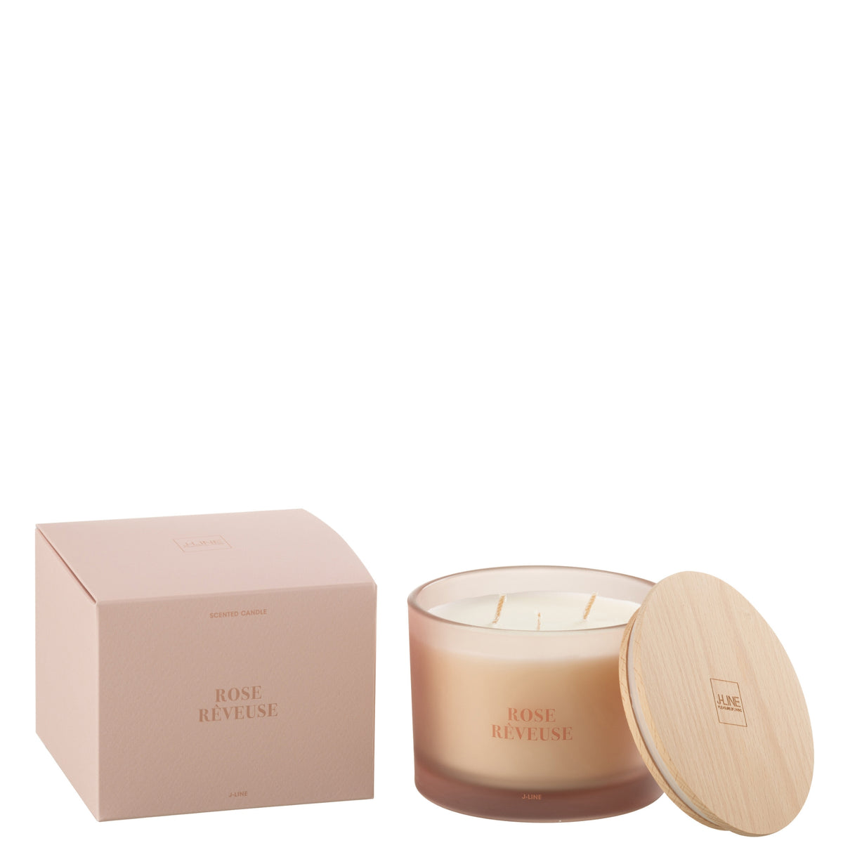 Geurkaars Accords Essentiels Rose Rêveuse 28 Uur van J-Line, roze glazen pot met houten deksel naast de geschenkdoos