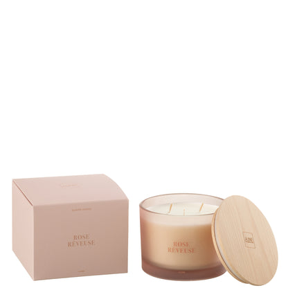 Geurkaars Accords Essentiels Rose Rêveuse 28 Uur van J-Line, roze glazen pot met houten deksel naast de geschenkdoos