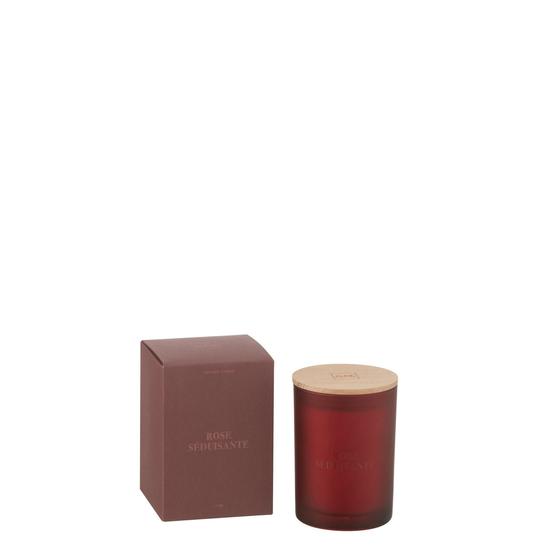Geurkaars Accords Essentiels Rose Séduisante 38 Uur van J-Line, rode glazen pot met houten deksel naast de geschenkdoos