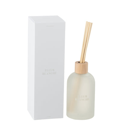Geurstokjes Accords Essentiels Fleur Blanche 550ml van J-Line, witte glazen fles met geurstokjes naast de geschenkdoos