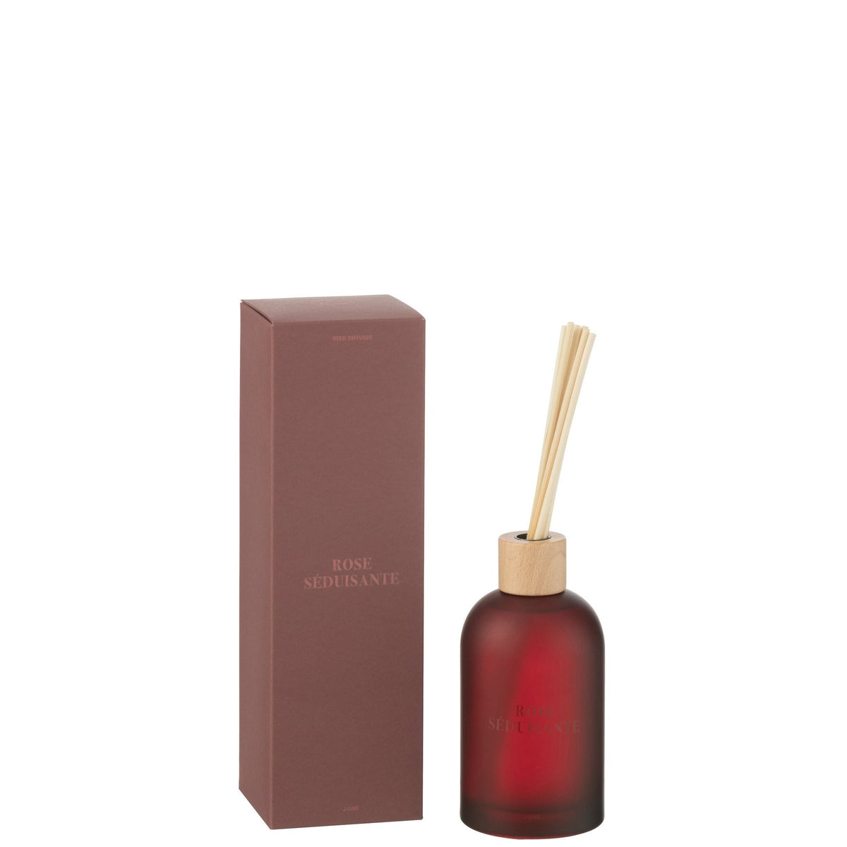 Geurstokjes Accords Essentiels Rose Séduisante 250ml van J-Line, rode glazen fles met geurstokjes naast de geschenkdoos