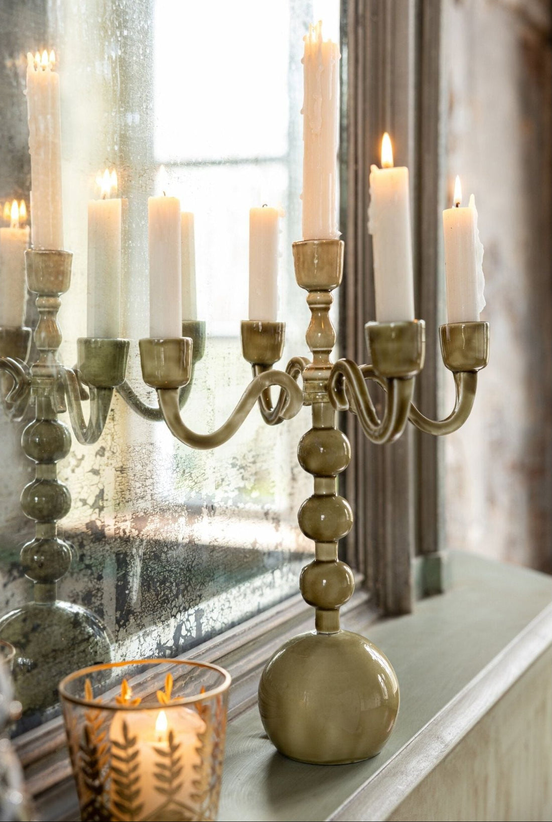 Candle Holder 5 Arms Ball Aluminum Olive Green J-Line