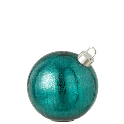Zijaanzicht van de turquoise kerstbal large van J-Line met geribbeld glanzend glas