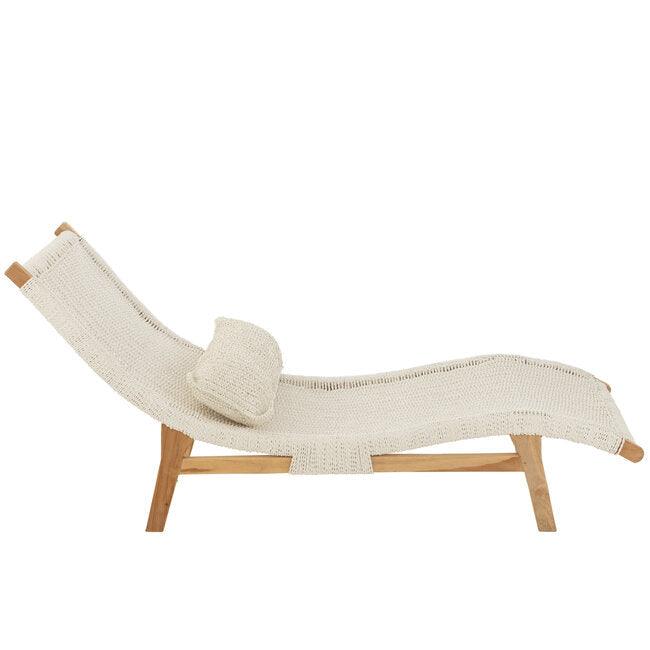 Ligstoel + Kussen Geweven Plastiek/Teak Wit - Ligbed - J-Line - livinglovely.nl
