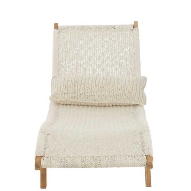 Ligstoel + Kussen Geweven Plastiek/Teak Wit - Ligbed - J-Line - livinglovely.nl