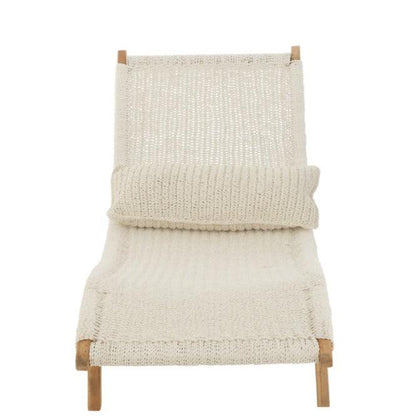 Ligstoel + Kussen Geweven Plastiek/Teak Wit - Ligbed - J-Line - livinglovely.nl
