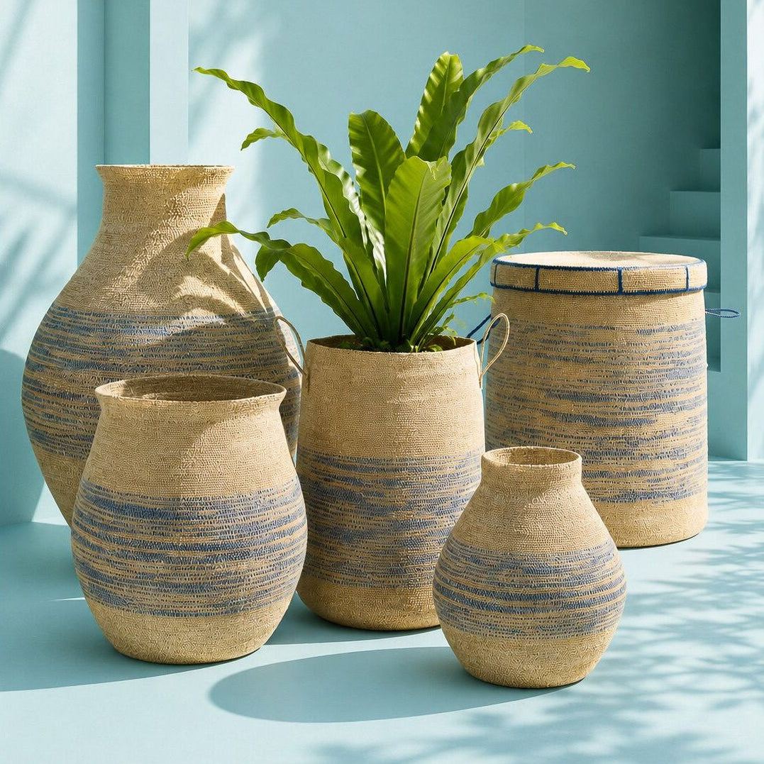 Striped Seagrass Basket Natural/Blue Large J-Line