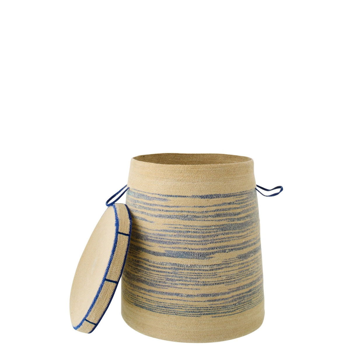 Basket With Handle + Lid Striped Seagrass Natural/Blue J-Line