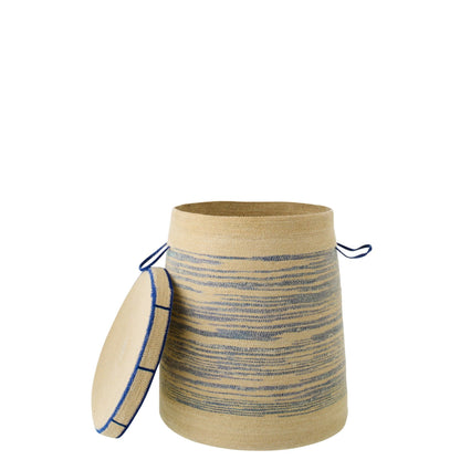 Basket With Handle + Lid Striped Seagrass Natural/Blue J-Line