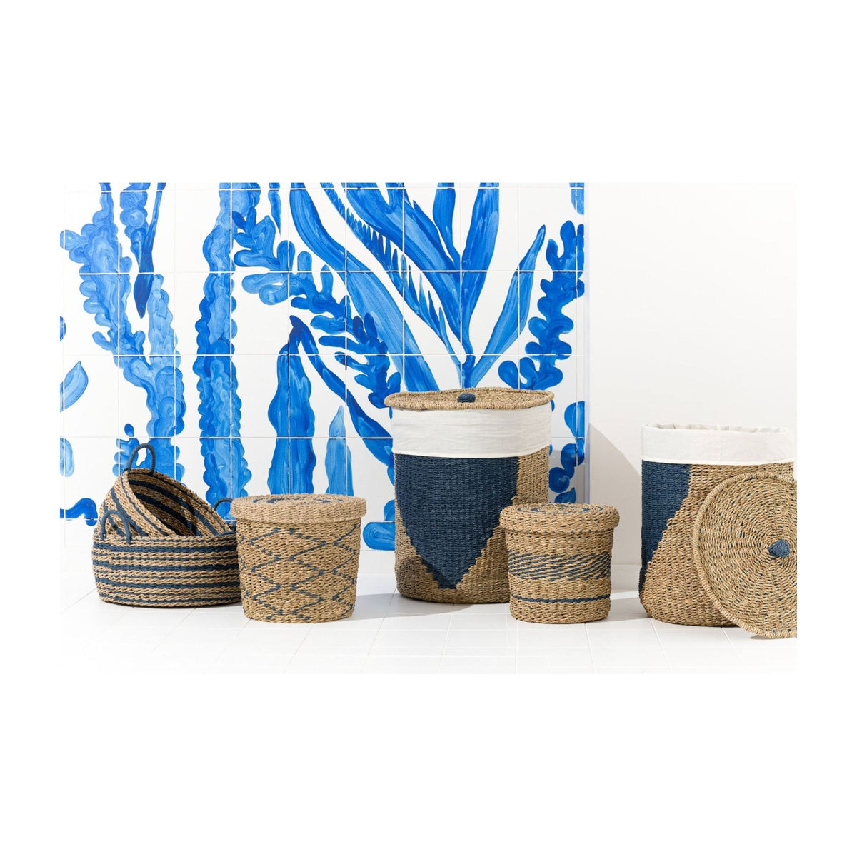 Striped Paper Baskets Natural/Blue Set of 2 J-Line
