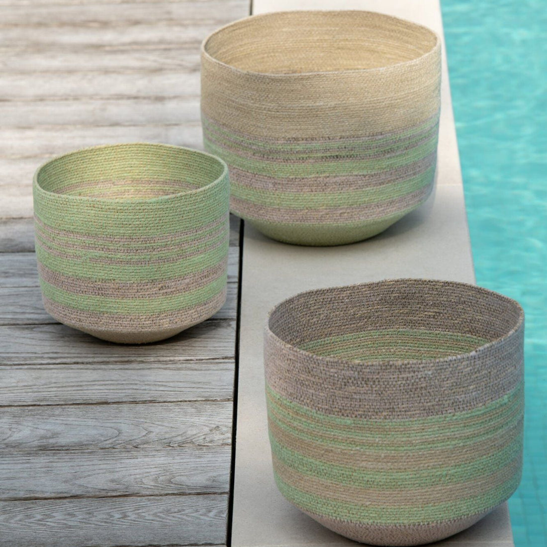 Striped Seagrass Baskets Natural/Green Set of 3 J-Line