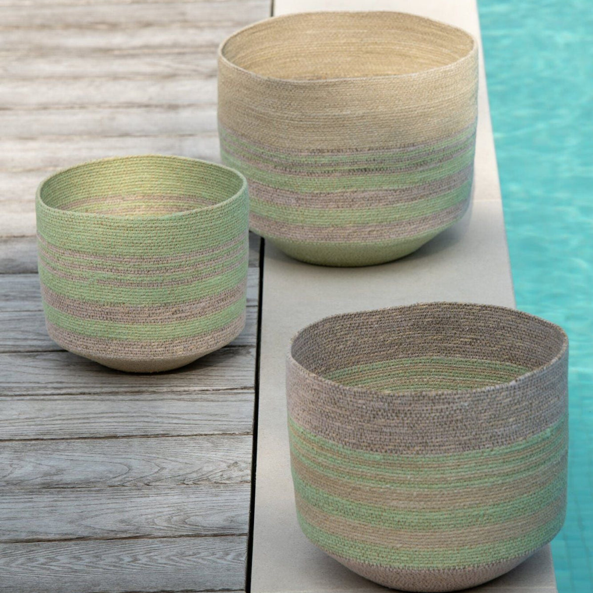 Striped Seagrass Baskets Natural/Green Set of 3 J-Line
