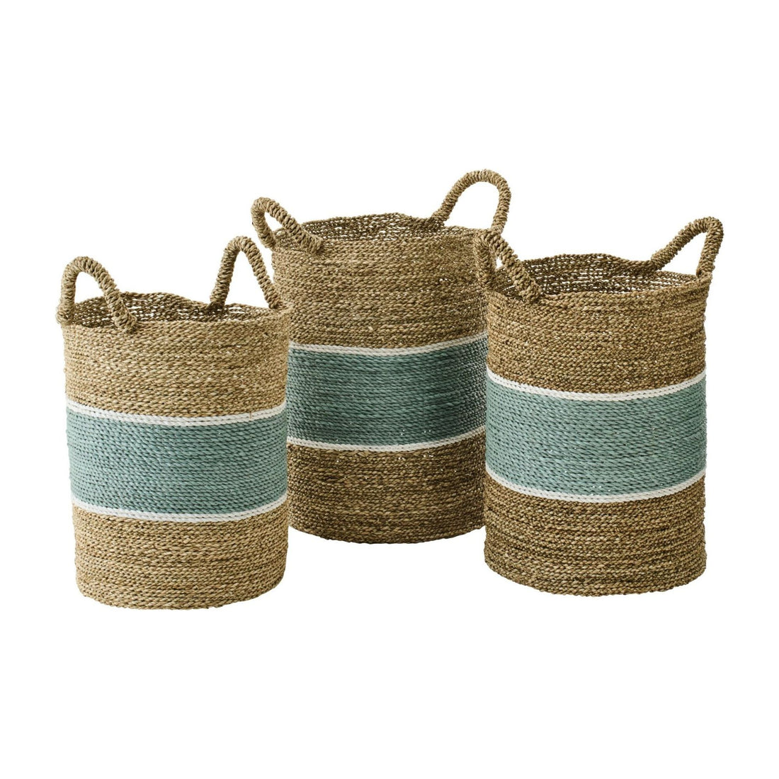 Striped Seagrass Baskets Natural/Turquoise Set of 3 J-Line