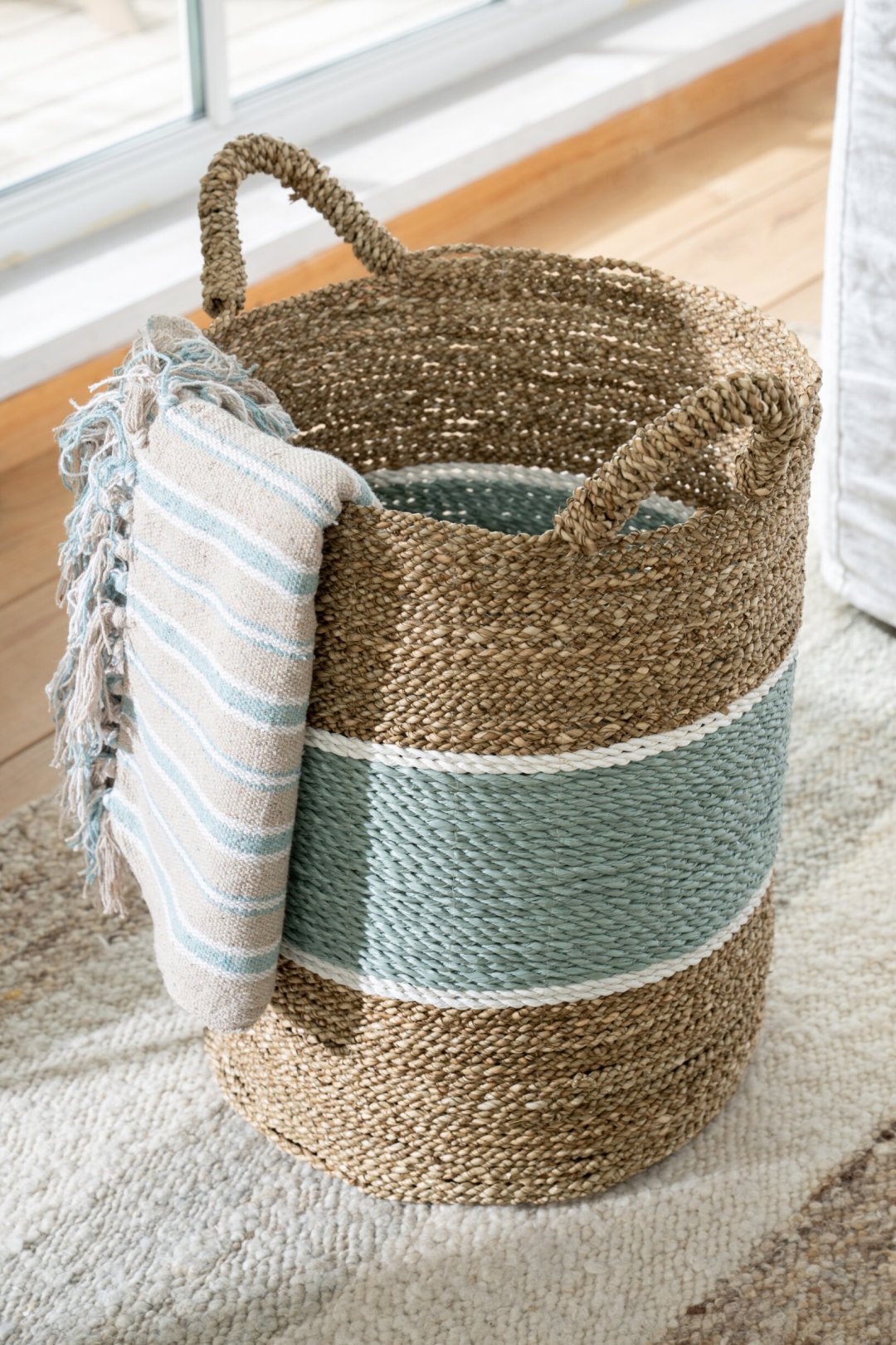 Striped Seagrass Baskets Natural/Turquoise Set of 3 J-Line