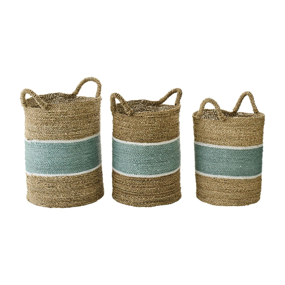 Striped Seagrass Baskets Natural/Turquoise Set of 3 J-Line
