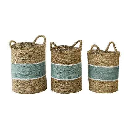 Striped Seagrass Baskets Natural/Turquoise Set of 3 J-Line