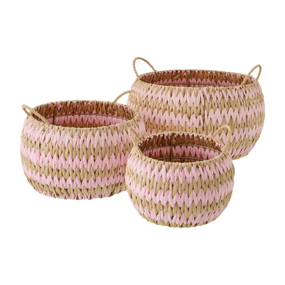 Baskets With Handles Striped Trim Natural/Light Pink Set of 3 J-Line