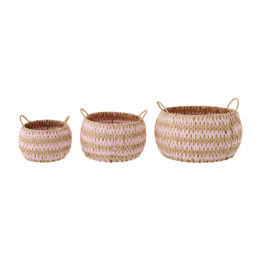 Baskets With Handles Striped Trim Natural/Light Pink Set of 3 J-Line