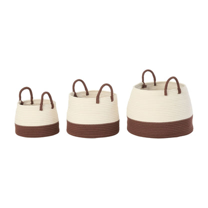 Round Polyester Baskets with Handles Dark Brown/White Set of 3 J-Line