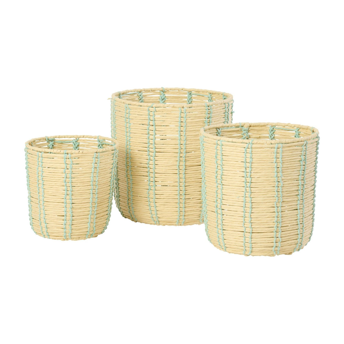 Round Striped Paper Baskets Natural/Azure Blue Set of 3 J-Line